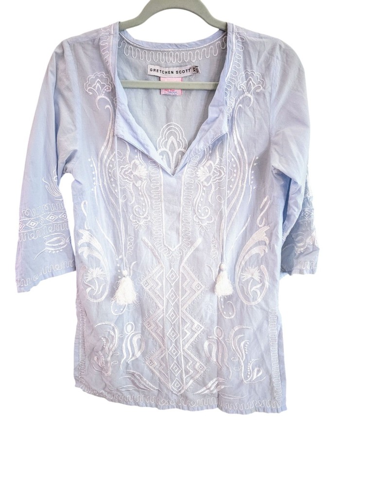 Gretchen Scott Embroidered Tunic Top Size XS Light Blue White Cotton Lightweight
