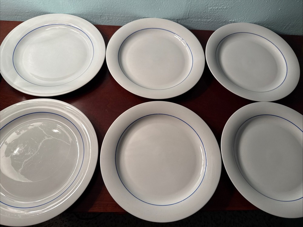 Set Of 6 Arzberg Bistro White Blue Band Line Dinner Plates Porcelain 10”