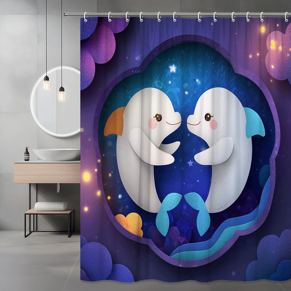 Cute Dolphin Shower Curtain, Ocean Animal Print, Blue Purple