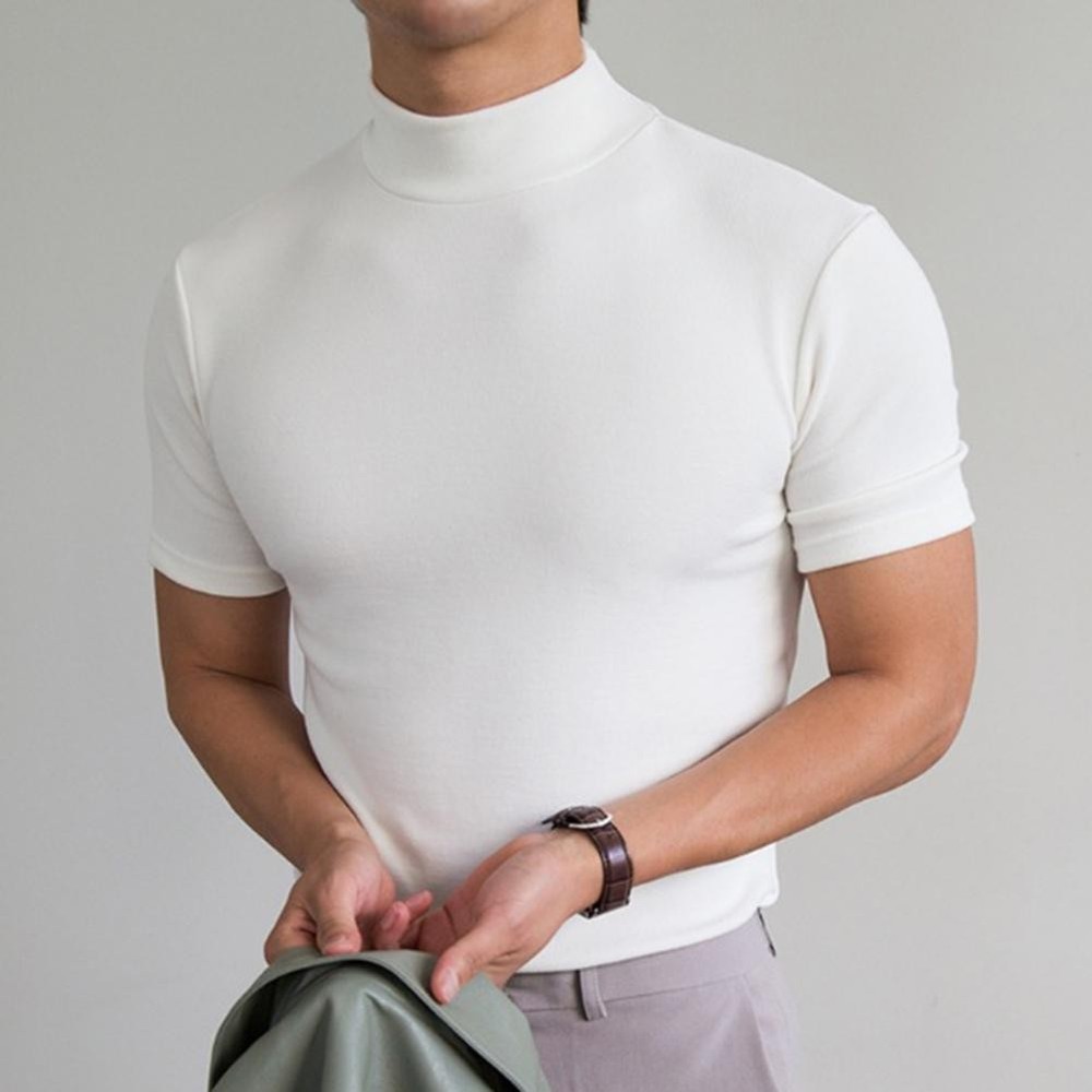 Men Short Sleeve Slim Fit Stretch T-shirt Mock Neck Turtleneck Pullover Tops