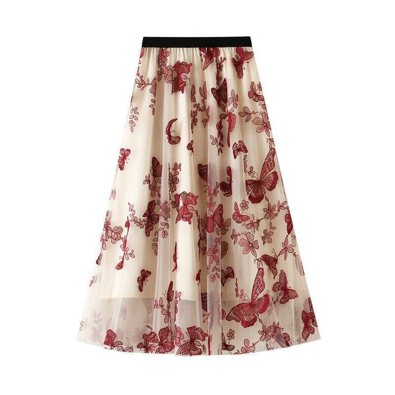 Butterfly mesh midi skirt high-waisted A-line lace spring summer new