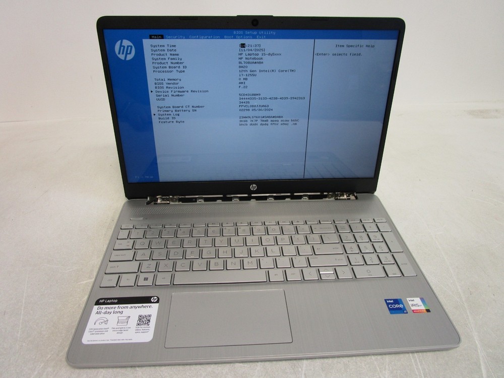 HP Laptop 15-dy5xxx Core i7-1255U 32GB RAM 2 TB Hard Drive No Power Adapter