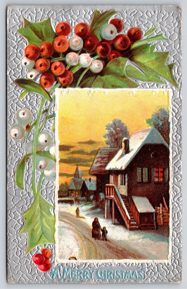 Holiday~Holly Mistletoe Home & Christmas Greeting~Vintage Postcard