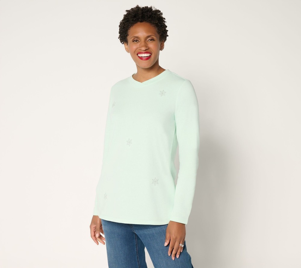 Denim & Co. Women's Top Plus Sz 2X Fleece Snowflake Embroidered Green A730071