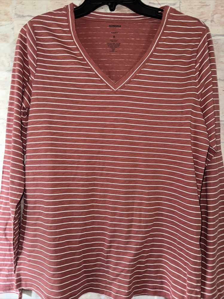 Sonoma Shirt Womans Small Long Sleeve Adaptive Striped V Neck Casual Wear Shirt