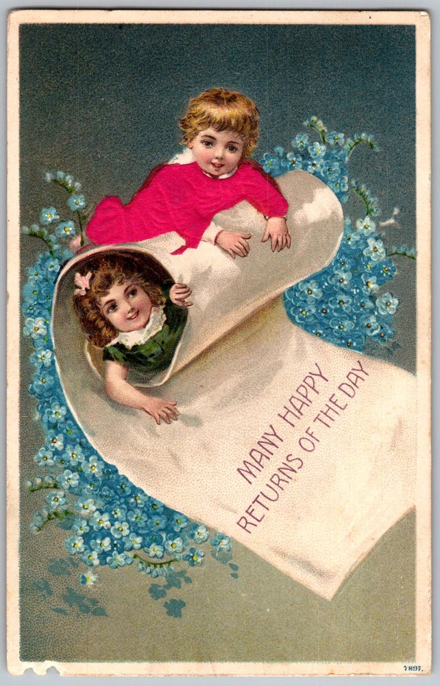 Antique Postcard Children Scroll Flowers DE 1910s