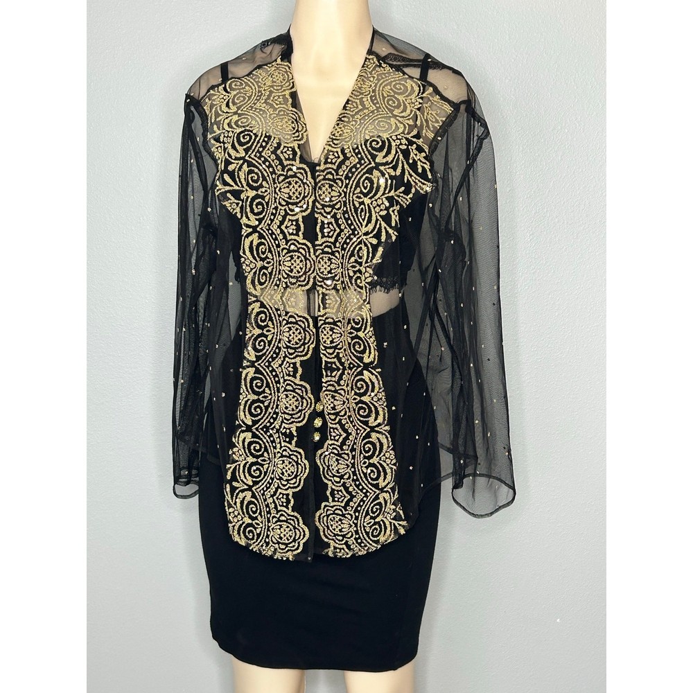 Whimsigoth J.R. Nites Woman Plus Size 2X Black Gold Embroidered Sheer Jacket Top