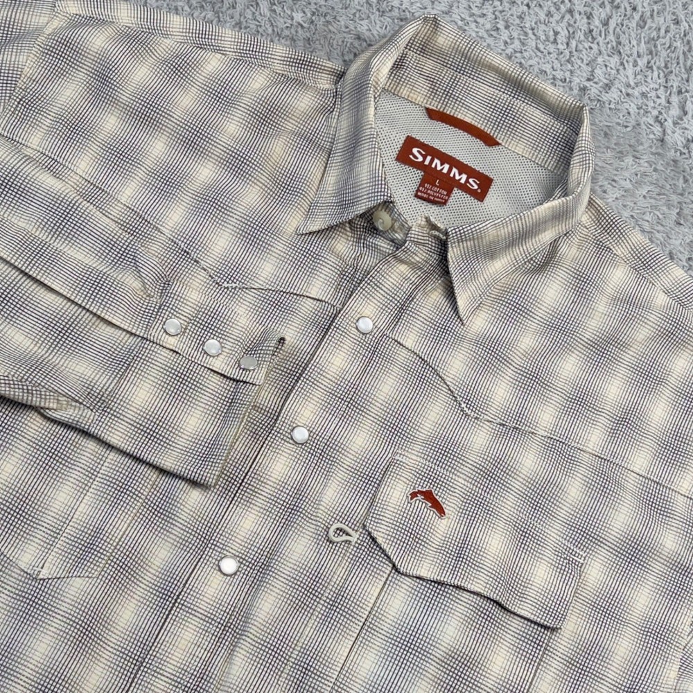 Simms Mens Large Plaid Western Fishing Shirt 3XDRY Pearl Snap Long Sleeve Tan