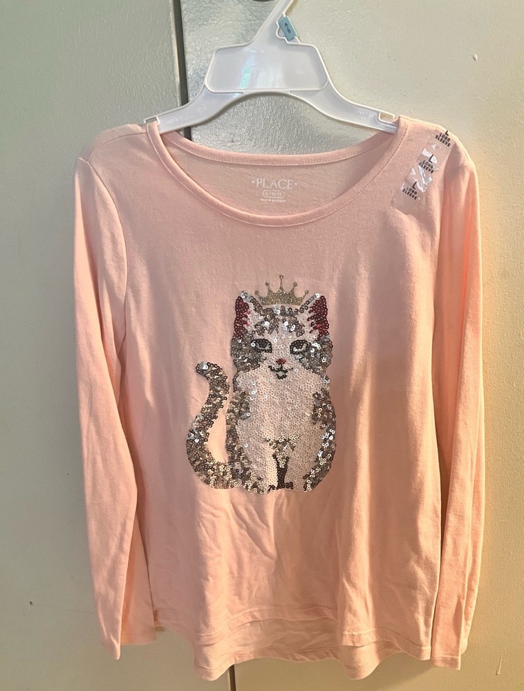 The Children's Place Girls L 10/12 Pink Long Sleeve Sequin Cat Graphic Tee