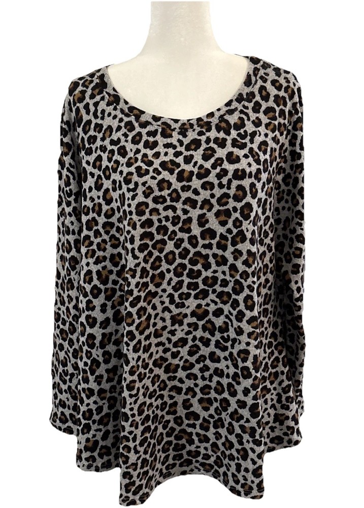 Green Envelope Women’s Grey Black Brown Leopard Print Long Length Blouse Size 2X