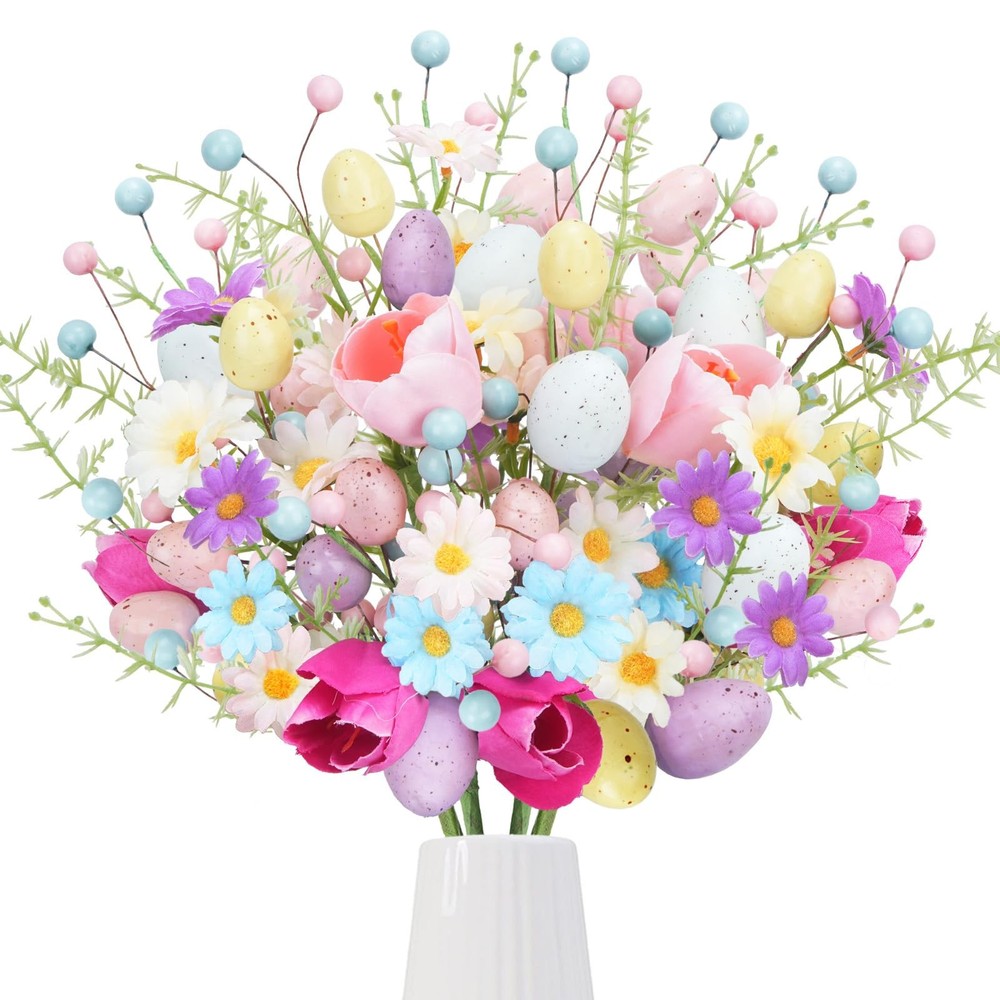 Easter Flower Picks 17Inch Silk Easter Flowers Artificial with Eggs Faux Tuli...