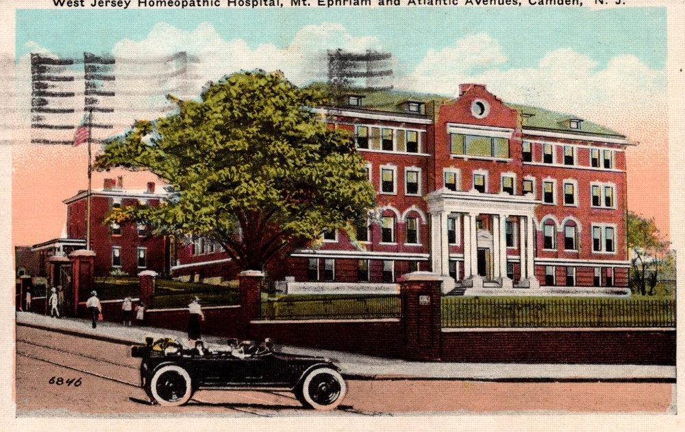 West Jersey Homeopathic Hospital Camden NJ Postcard + Rare Franklin 1¢ stamp