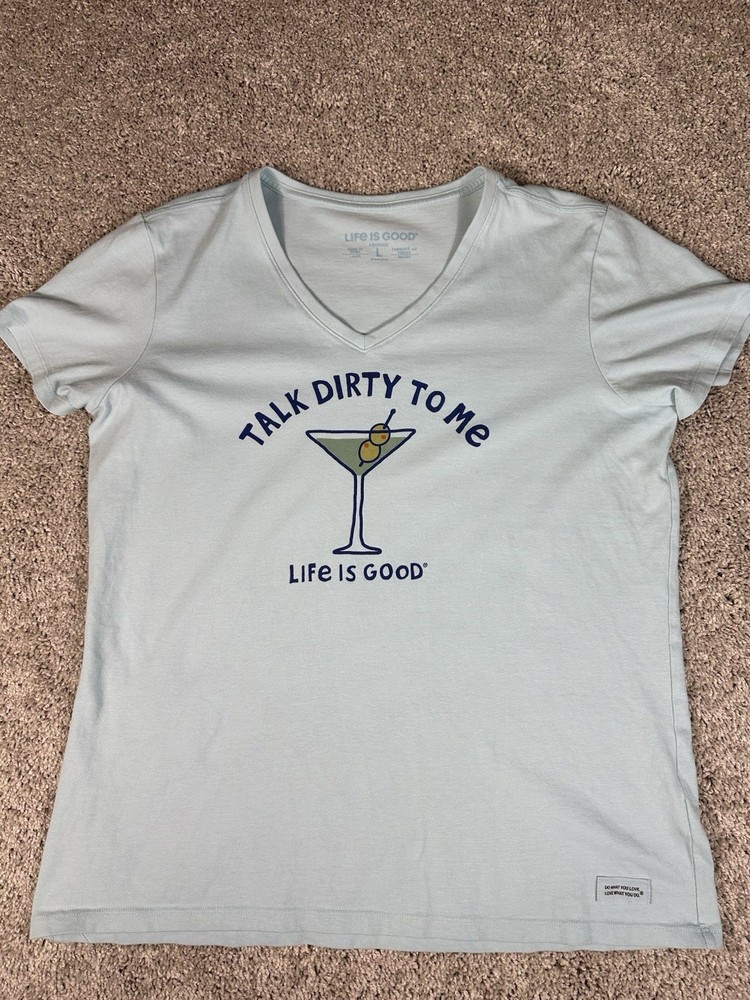 Life is Good Size M Women's Talk Dirty to Me Martini Crusher Tee Beach Blue