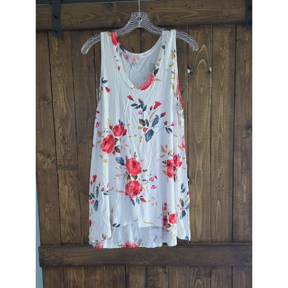 Floral V-Neck Sleeveless Tunic Top - White with Red Rose Print