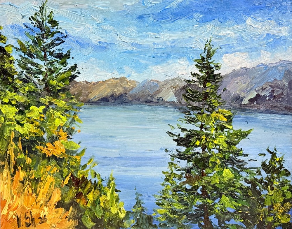 Landscape Mountains Lake Tahoe California Original Oil Painting Impasto 8x10 in