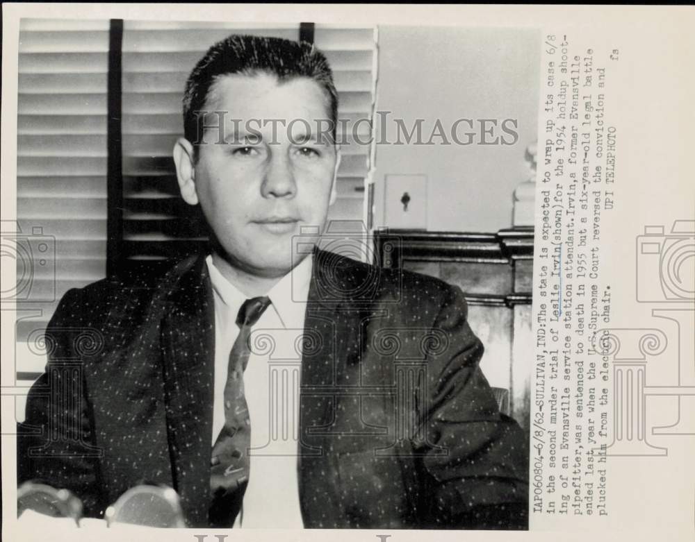1962 Press Photo Leslie Irvin charged in shooting service station attendant, IN