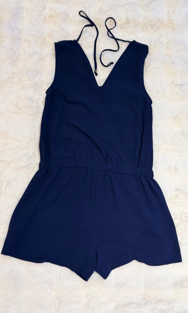 Women’s Navy Blue Romper Sleeveless V-Neck Tie Back Elastic Waist Casual Chic