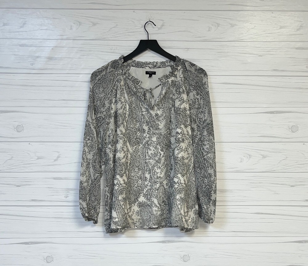Talbots top womens size medium petite long sleeve blouse white patterned
