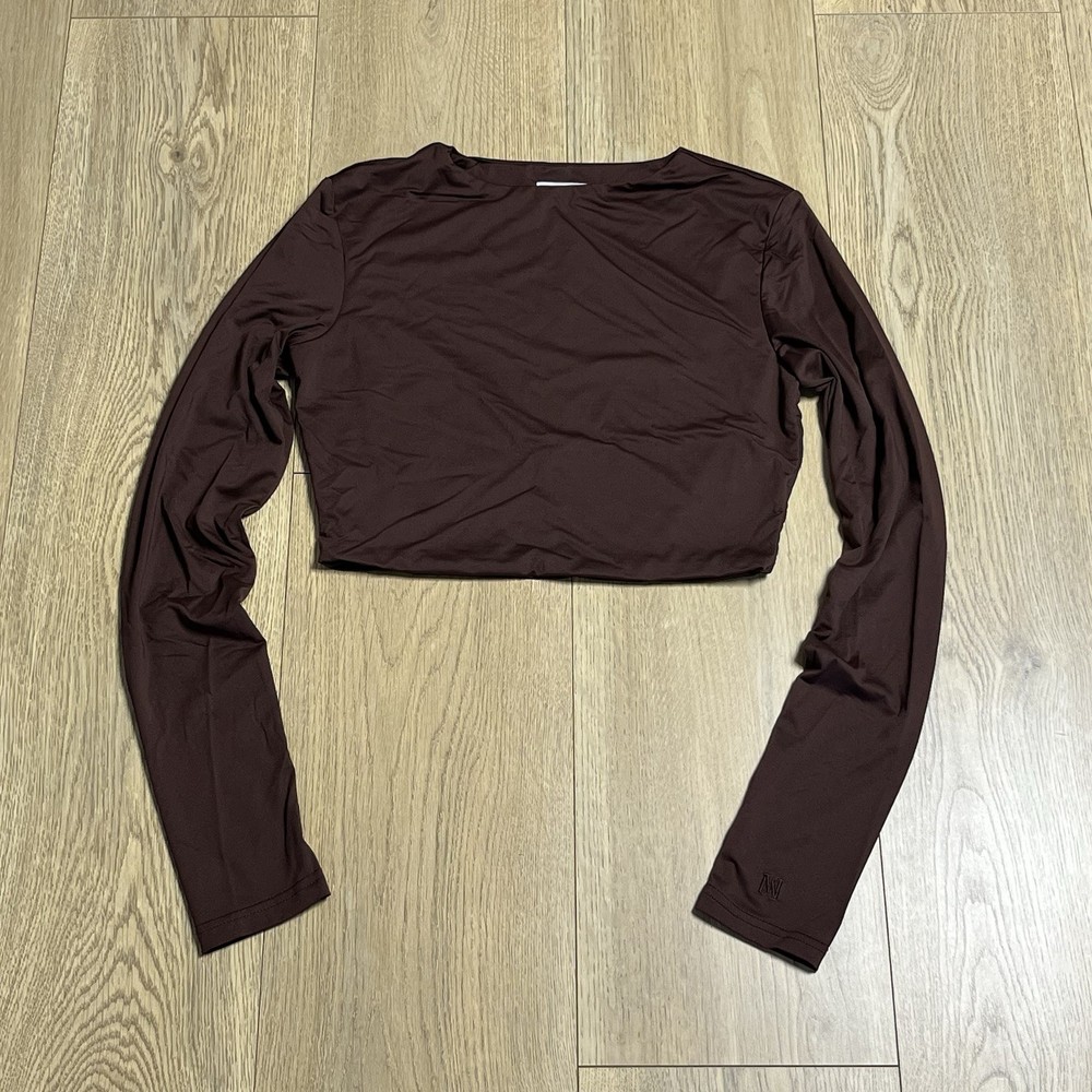 MESHKI Womens Mocha Brown Cropped Top Long Sleeve Size Small Comfort Gym