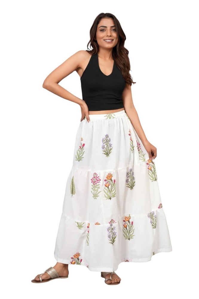 Women Floral Block Print Cotton Maxi Skirt Boho Flowy Long Skirt Elastic Waist