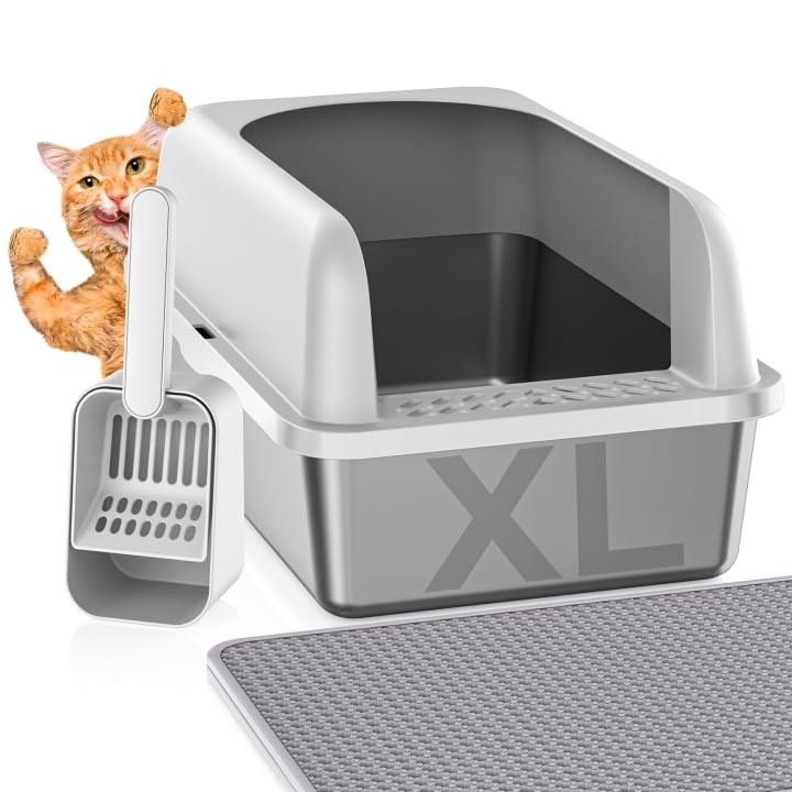 Stainless Steel Cat Litter Box with Lid and Included Litter Mat