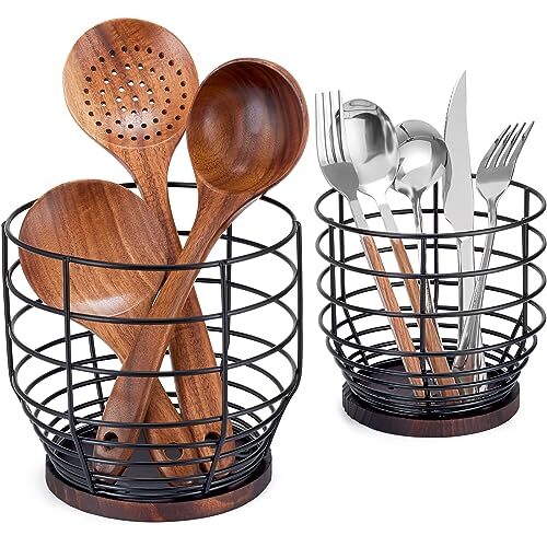 2Pcs Utensil Holder for Kitchen Counter,Metal & Wooden Cooking 2pcs Rounded
