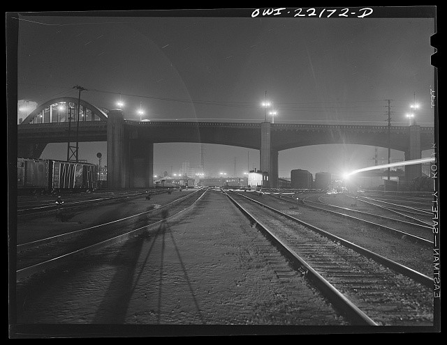 Photo:Los Angeles California 1943 Night Railroad Yards Bridge Tracks