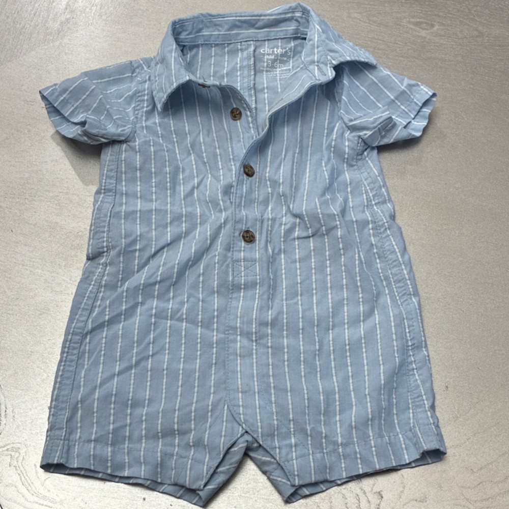 Carter's Child of Mine Blue Striped Collared Short Sleeve Cotton Romper 3-6M