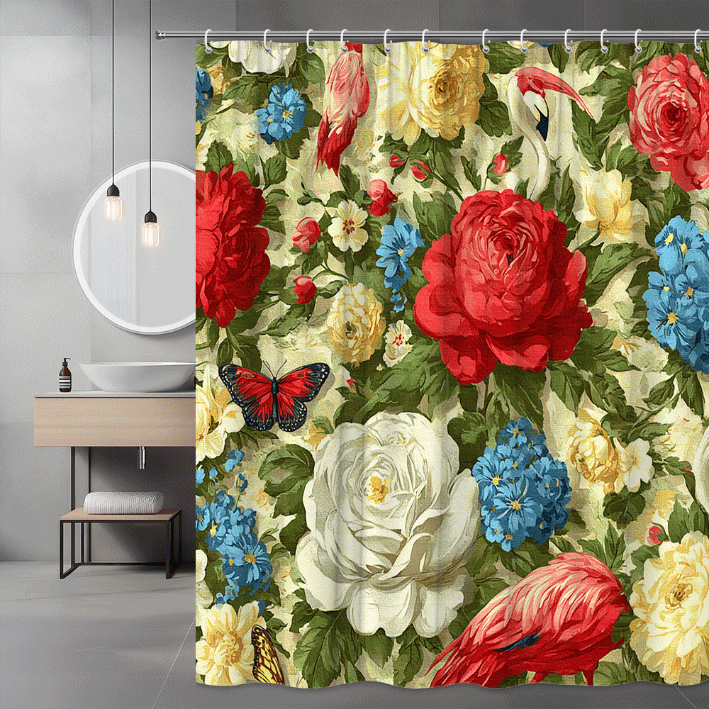 Floral Shower Curtain with Roses Birds and Butterfly Print