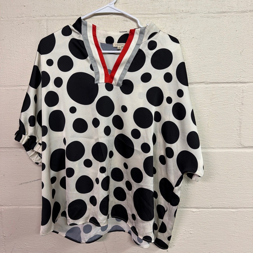 JODIFL Polka Dot Split Neck Blouse Black White Red Trim Puff Sleeve Womens Large