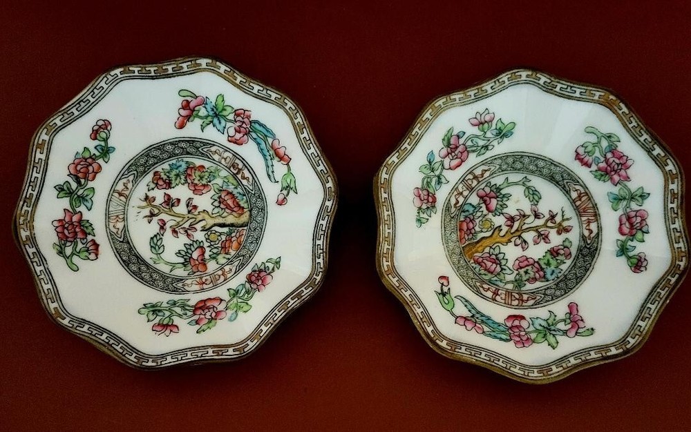 Antique Coalport Indian Tree Pattern Saucers  Floral Tree Motifs Vibrant Colors