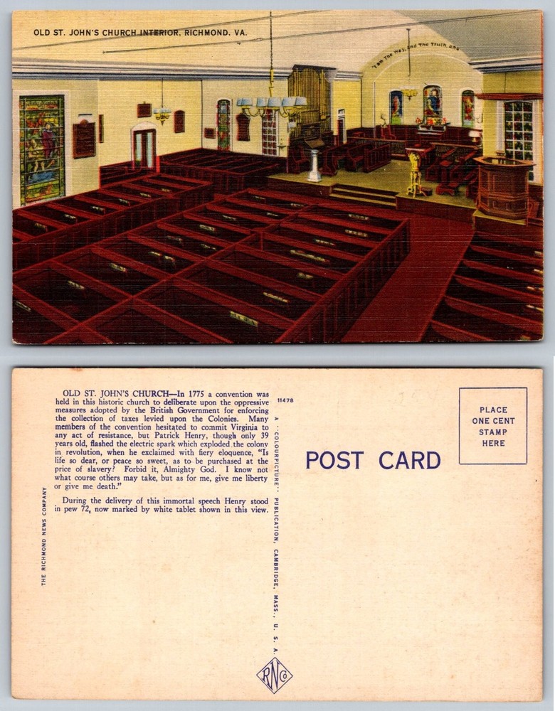 Old St. John's Church Interior Richmond VA Patrick Henry Linen Postcard