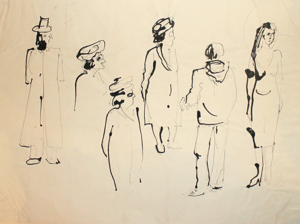 Vintage expressionist portrait ink painting figures