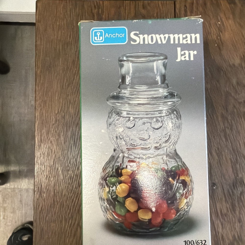 Vintage Anchor Hocking Glass Snowman Jar with Box 15oz Textured & Lid Christmas
