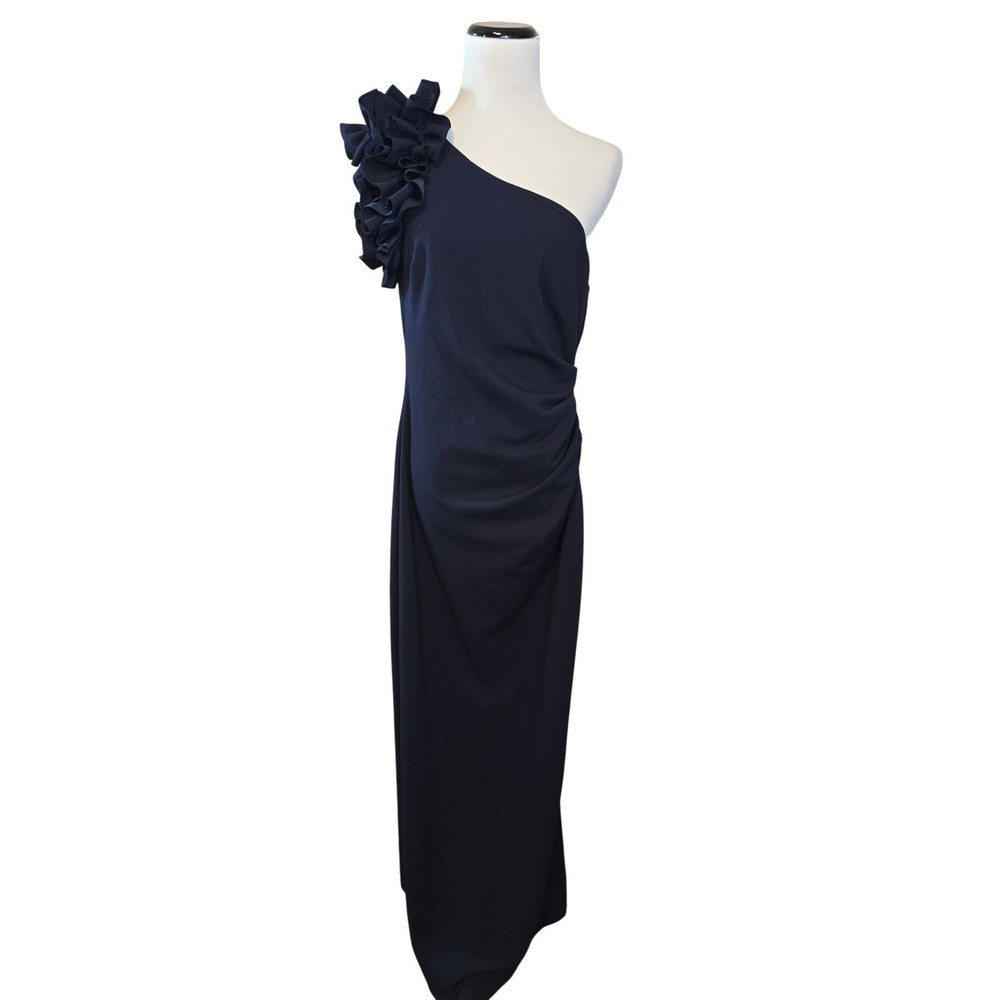 DJ Jaz Size 12 Navy One Shoulder Ruffle Gown Formal Evening Dress New
