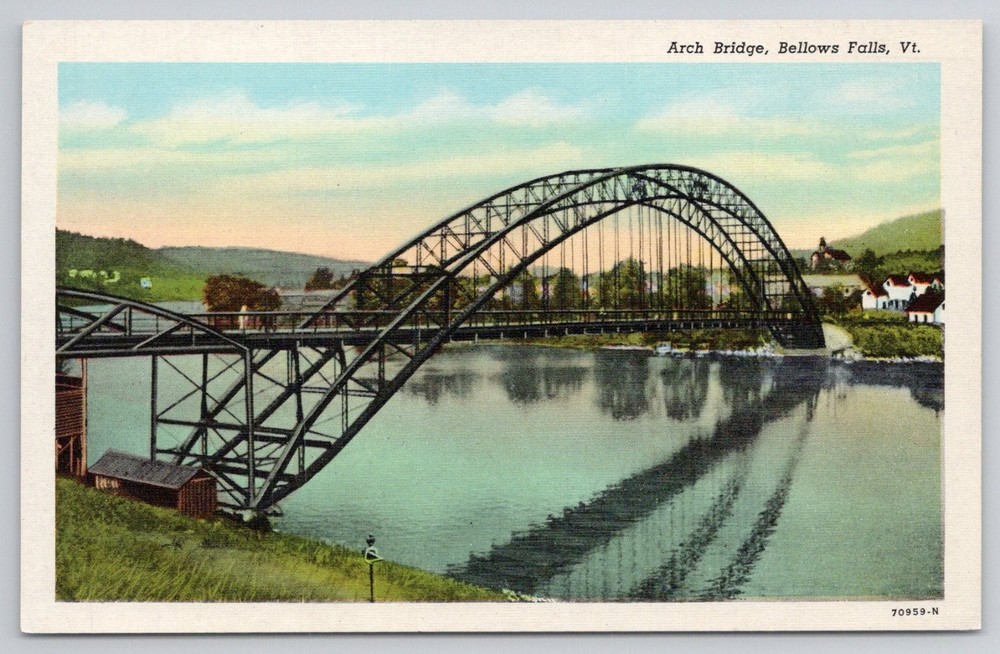 Arch Bridge Bellows Falls VT Postcard Curteich Linen Era Vermont