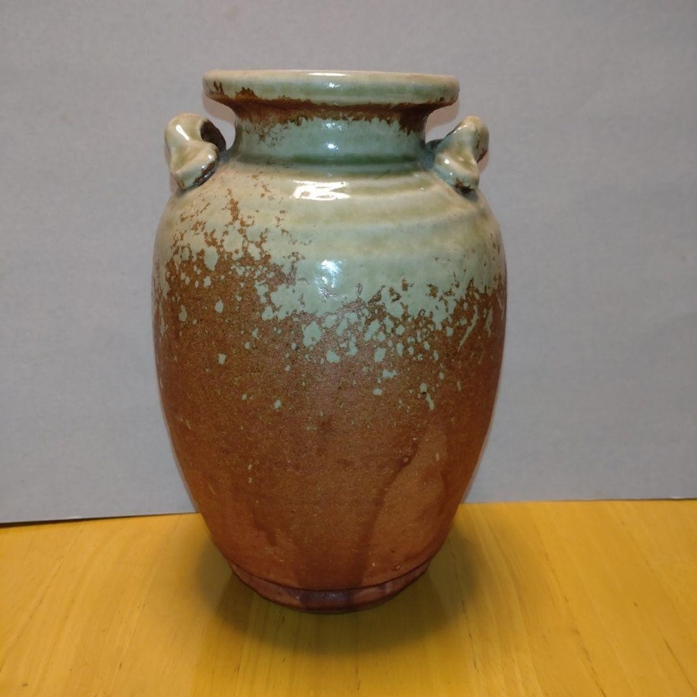 Shigaraki Ware Vase Green-Brown Gradient Ear-Decorated Ceramic 18cm