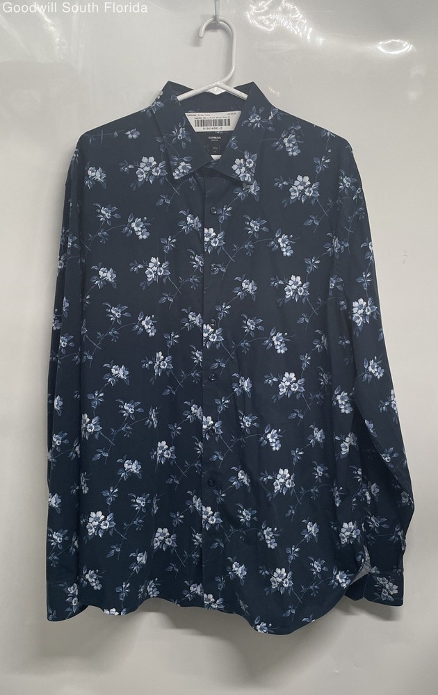 Express Mens Blue Floral Collared Long Sleeve Slim Fit 1MX Button-Up Shirt Sz XL