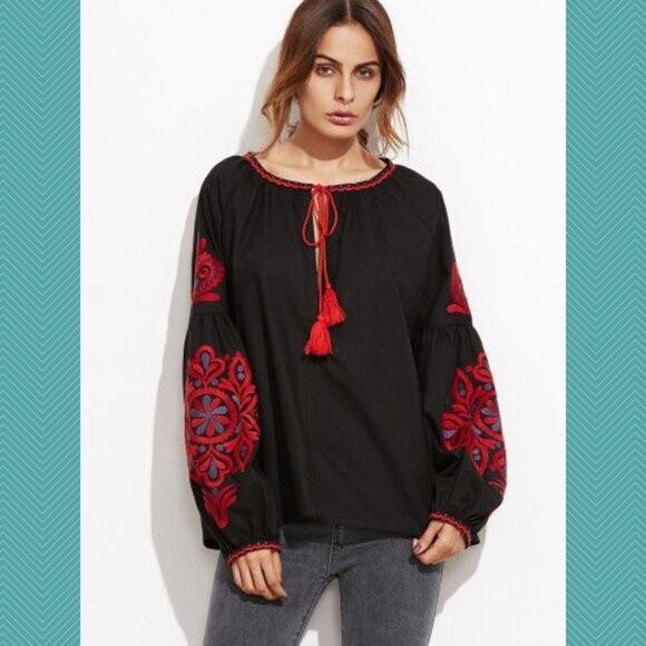 Zara Embroidered Lantern Sleeve Peasant Top in Black and Red for Women