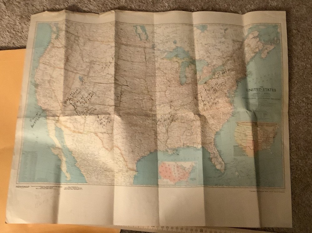Vintage 1944 United States Map - Travels Marked