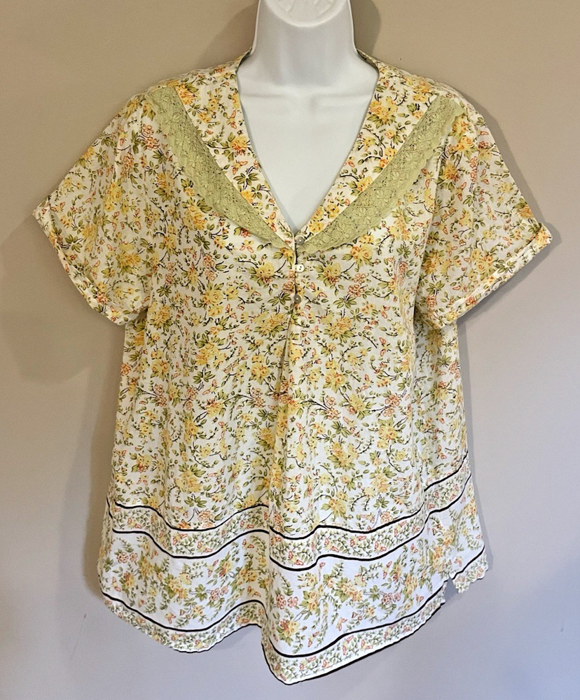 April Cornell Blouse Cotton Cottage Yellow Bee Large Lace L Short Sleeve Top