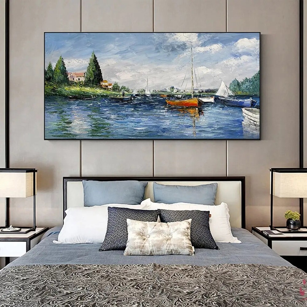 Abstract Coastal Landscape Oil Painting on Canvas Sailboats Cloud Hand Painted