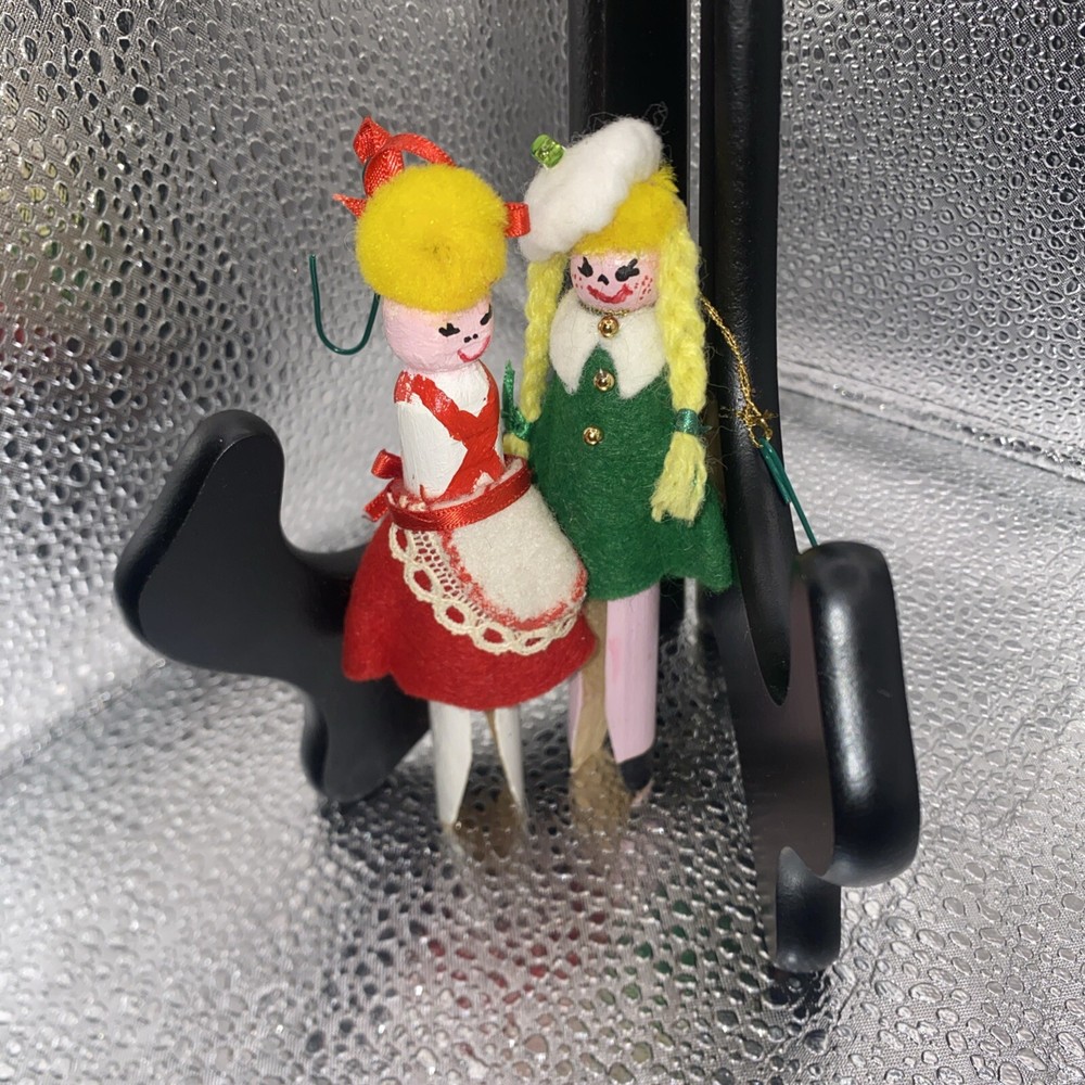 Retro Clothespin Girls Christmas Ornaments Set of 2 Handmade Felt Pom Pom Decor