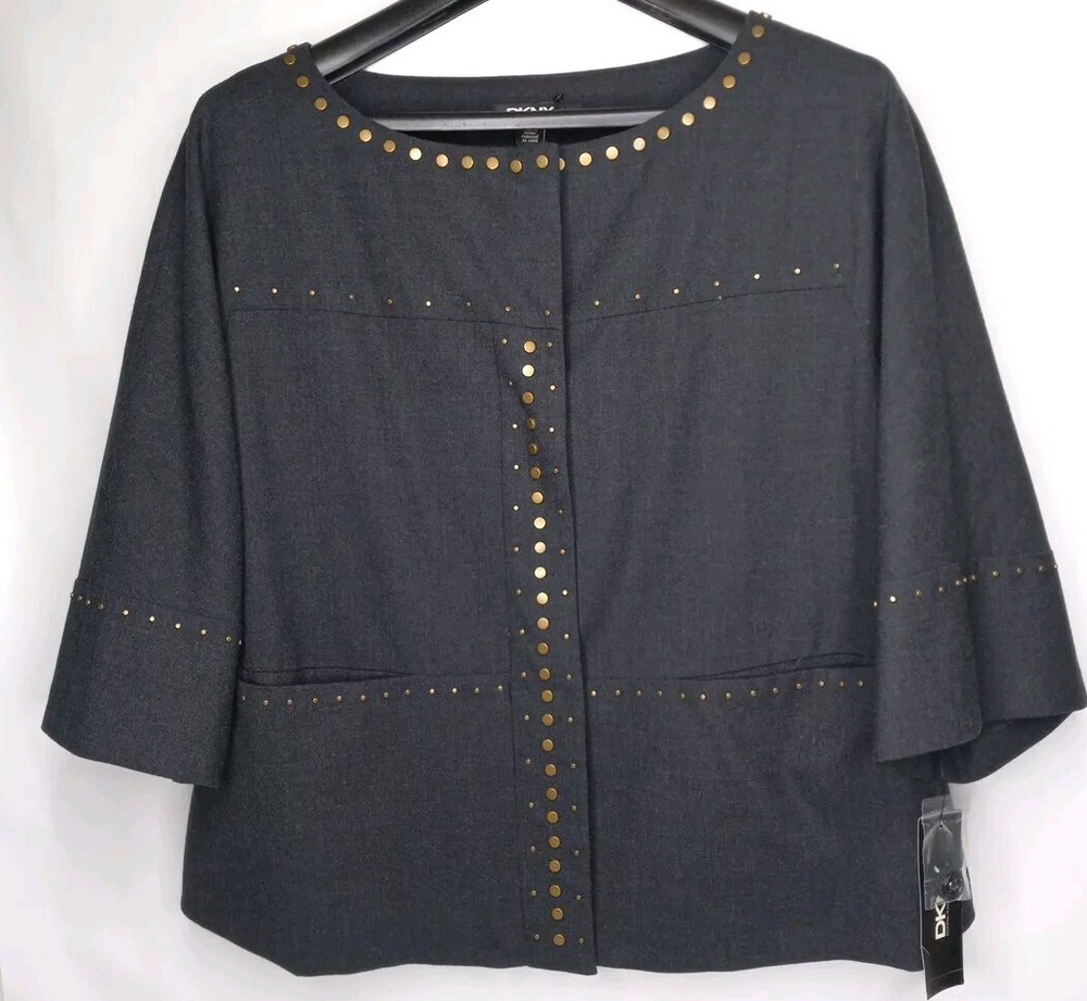 DKNY Donna Karan New York Women's Gray Wool Bronze Metal Studded Blazer Size 12