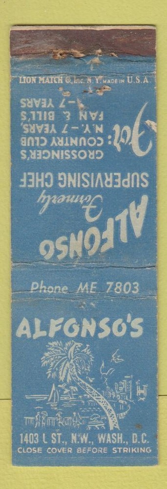 Matchbook Cover - Alfonso's Restaurant Washington DC WORN