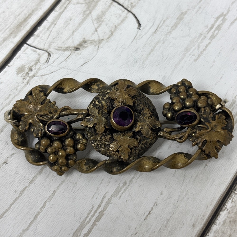 Antique Victorian Art Nouveau Brass Grape Vine Brooch with Amethyst Glass