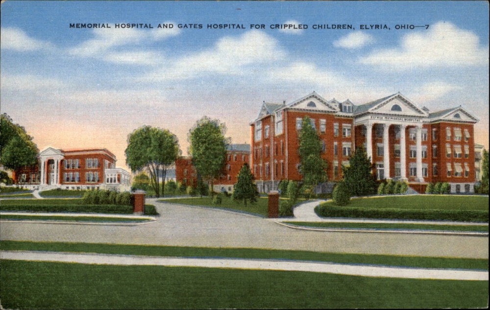 Elyria Ohio Memorial Hospital & Gates Hospital for Crippled Children ~ postcard