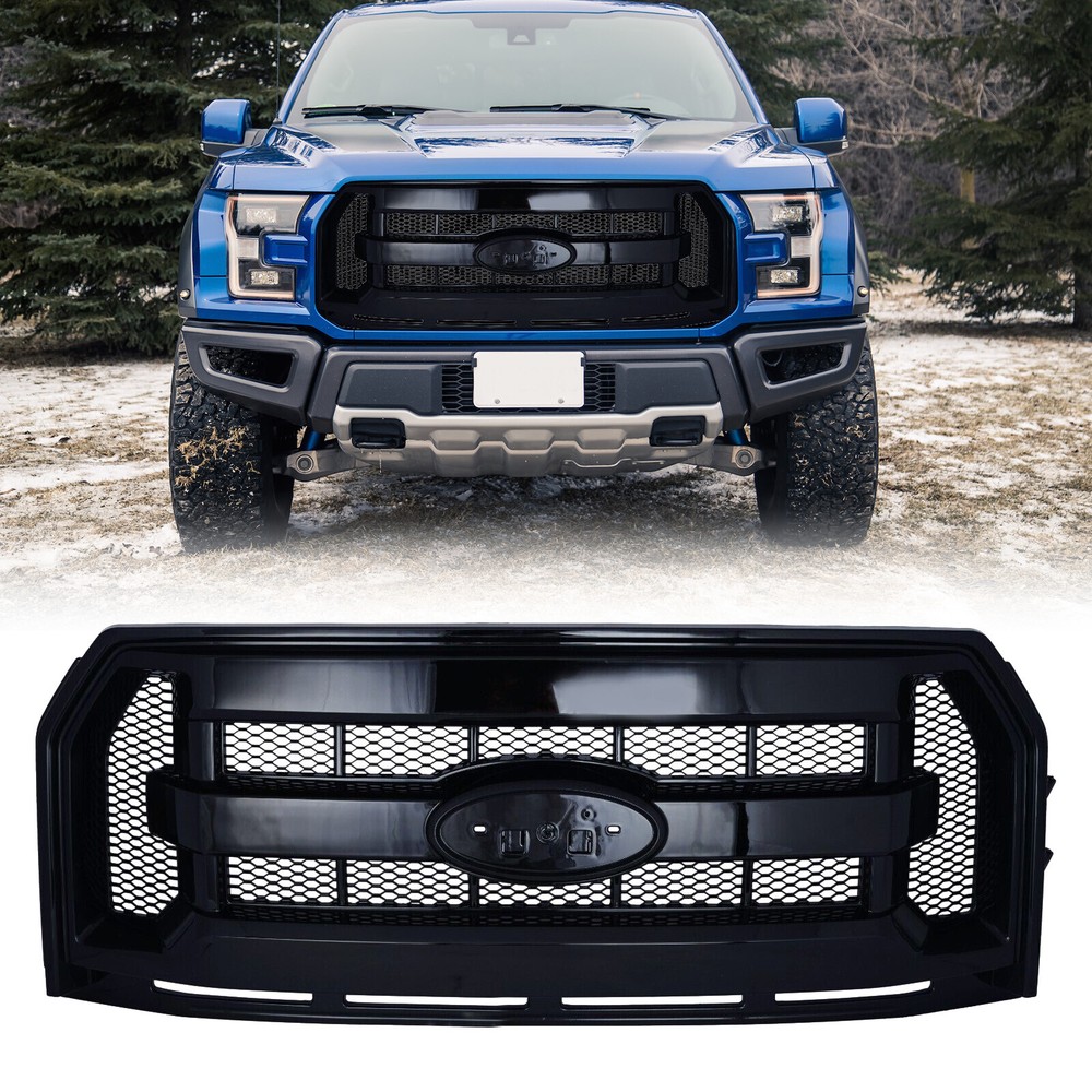 For 2015-2017 Ford F150 F-150 Gloss Black Front Bumper Mesh Hood Grille Grill
