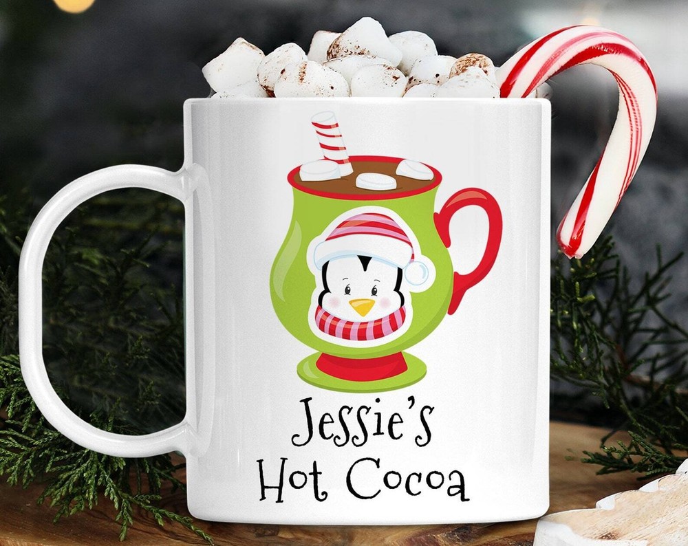 Kids Personalized Christmas Penguin Hot Cocoa With Name Cup Dishwasher Safe