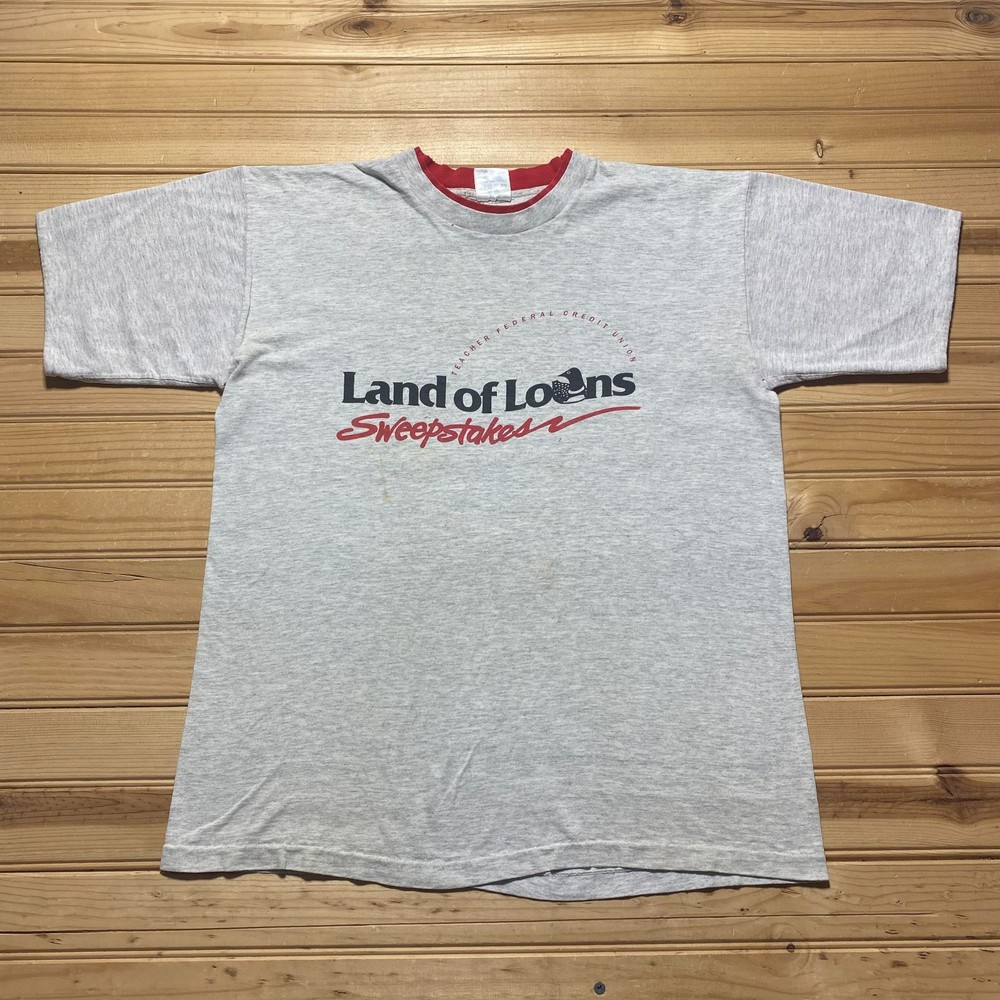 Vintage 90s Land Of Loans Sweepstakes Ringer Promo Graphic T-Shirt USA - Large
